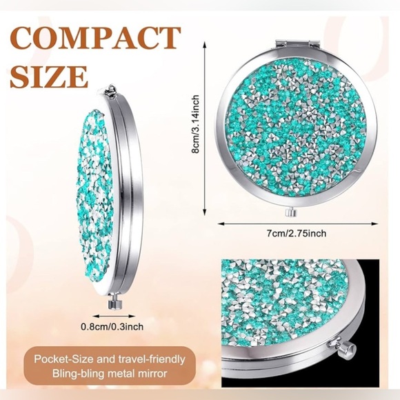 🩶Teal & Silver🩶Glitter Compact Mirror with Dustbag/NIP - Picture 2 of 7